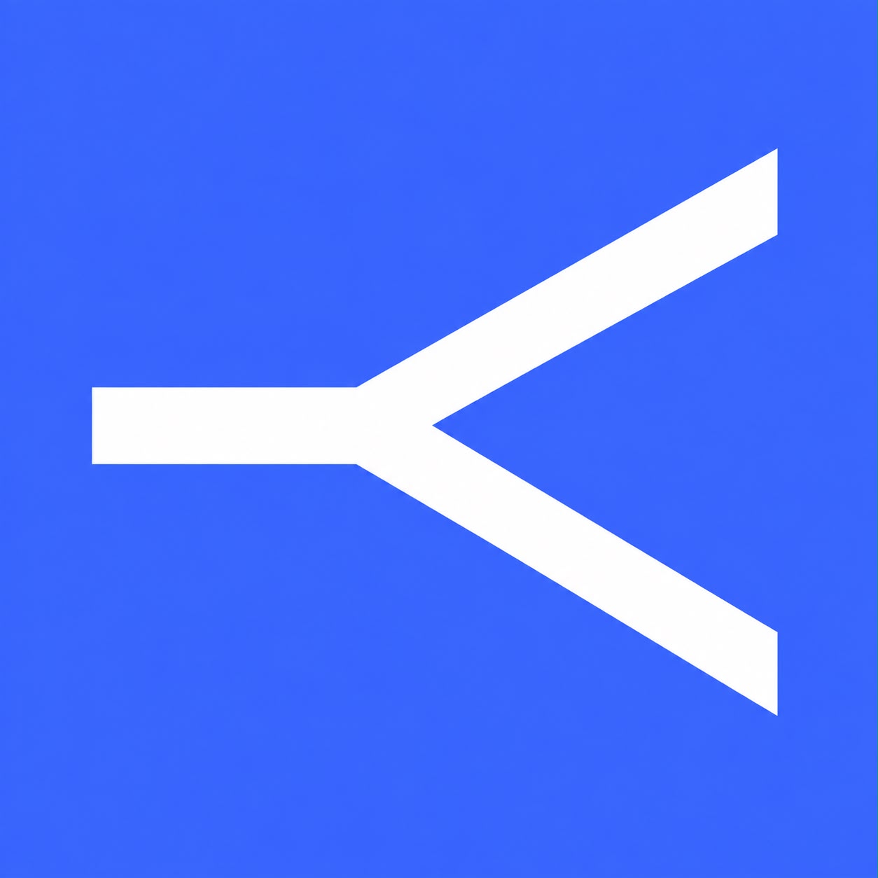 White forked arrow pointing left on a solid blue square background.
