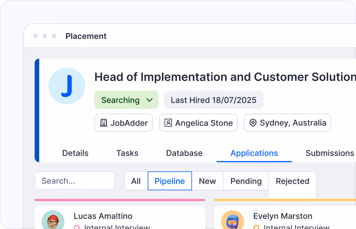 User interface screen showing the role 'Head of Implementation and Customer Solutions' with status 'Searching' and last hired date 18/07/2025, linked to JobAdder, Angelica Stone, and Sydney, Australia. Navigation tabs include Details, Tasks, Database, Applications (selected), and Submissions. Below, filters for All, Pipeline (selected), New, Pending, and Rejected applications are visible.
