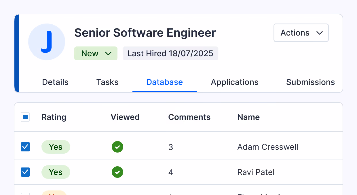 Job application database interface for Senior Software Engineer role, marked as New, last hired on 18/07/2025, showing tabs for Details, Tasks, Database, Applications, and Submissions; table lists candidates Adam Cresswell and Ravi Patel with ratings marked Yes and viewed status.