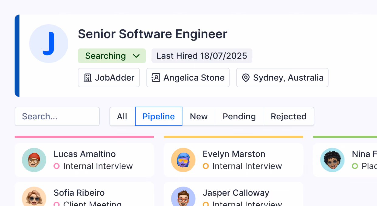 User interface of a job application tracking system showing a Senior Software Engineer role currently searching with the last hired date of 18/07/2025, job posted by Angelica Stone in Sydney, Australia. Tabs include All, Pipeline, New, Pending, Rejected, with Pipeline selected. Candidate names and statuses such as Internal Interview and Client Meeting are partially visible.