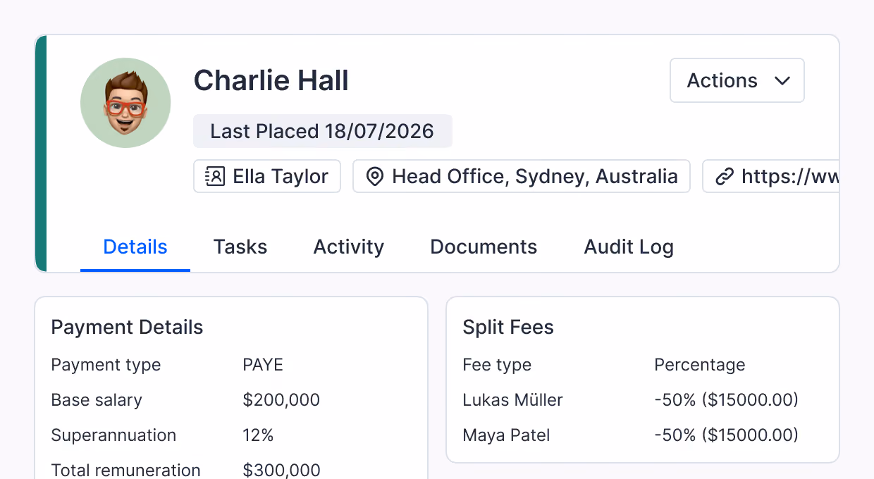 Employee profile for Charlie Hall with last placed date 18/07/2026, managed by Ella Taylor at Sydney Head Office. Payment details show PAYE type, $200,000 base salary, 12% superannuation, and $300,000 total remuneration. Split fees list Lukas Müller and Maya Patel each with -50% or -$15,000 fee share. Navigation tabs include Details, Tasks, Activity, Documents, Audit Log, and an Actions dropdown.