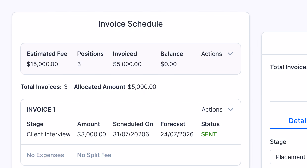 Invoice Schedule showing Estimated Fee of $15,000, 3 Positions, Invoiced amount $5,000, and Balance $0, with details for Invoice 1 including Client Interview stage, amount $3,000, scheduled on 31/07/2026, forecast 24/07/2026, and status SENT.