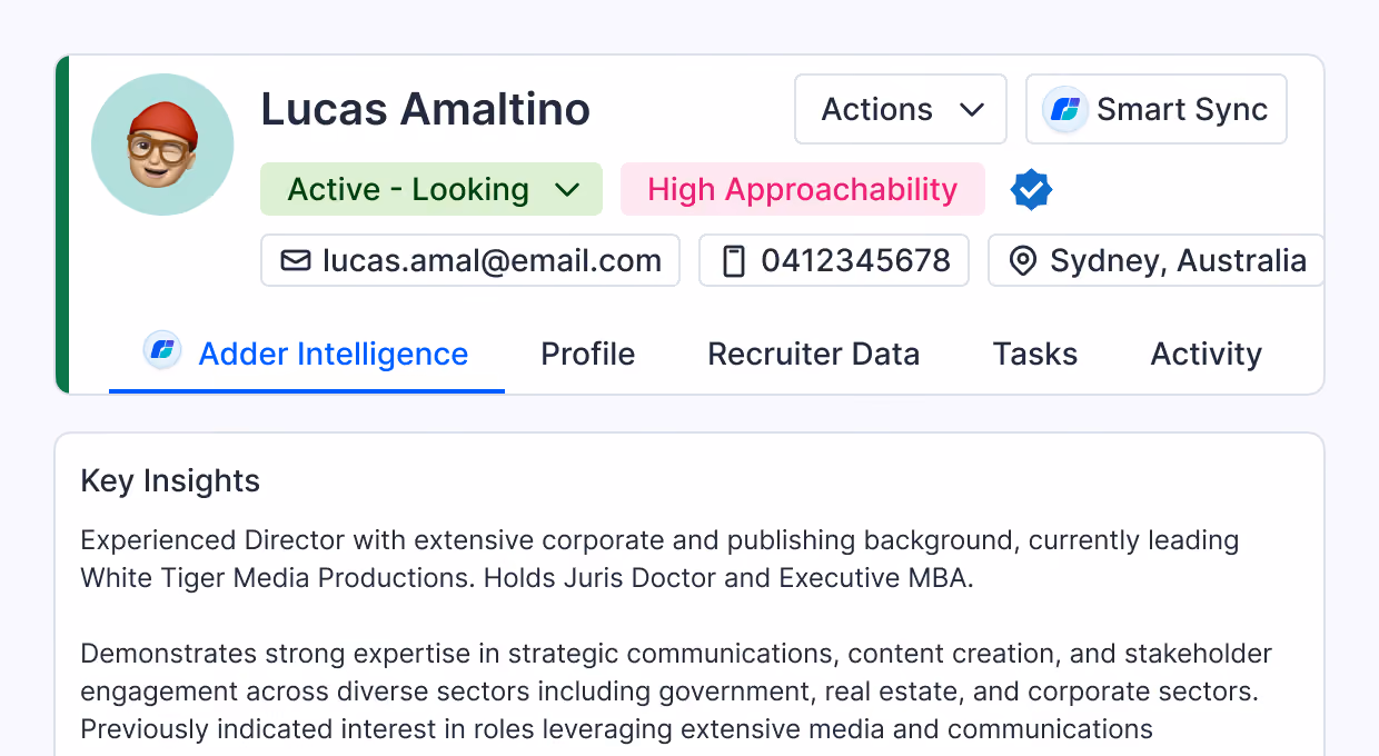 Profile interface showing Lucas Amaltino with an avatar wearing glasses and a red beanie, status active-looking and high approachability badge, email lucas.amal@email.com, phone 0412345678, located in Sydney, Australia. Tabs include Adder Intelligence, Profile, Recruiter Data, Tasks, Activity. Key insights describe Lucas as an experienced director leading White Tiger Media Productions with a Juris Doctor and Executive MBA, skilled in strategic communications, content creation, and stakeholder engagement across government, real estate, and corporate sectors.