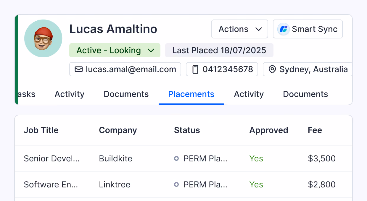 User interface displaying a profile for Lucas Amaltino with an avatar and status 'Active - Looking'. Last placement date is 18/07/2025. Contact info includes email, phone number, and location Sydney, Australia. The 'Placements' tab is active, listing two job titles: Senior Developer at Buildkite and Software Engineer at Linktree, both with PERM placements approved and fees $3,500 and $2,800 respectively.