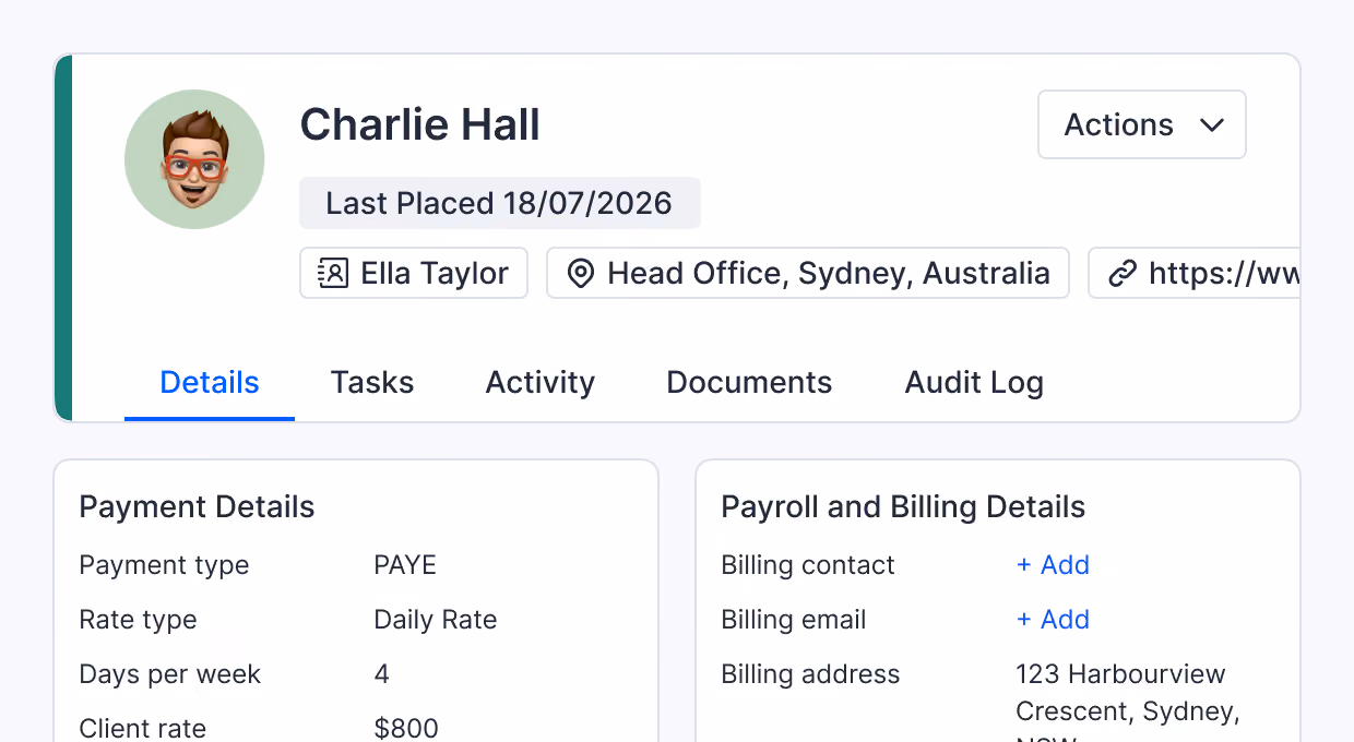 User profile interface for Charlie Hall, last placed on 18/07/2026, associated with Ella Taylor at Head Office, Sydney, Australia, showing tabs for Details, Tasks, Activity, Documents, and Audit Log. Payment details indicate PAYE payment type, daily rate, 4 days per week, and $800 client rate. Payroll and billing details include options to add billing contact and email, with billing address at 123 Harbourview Crescent, Sydney, NSW.