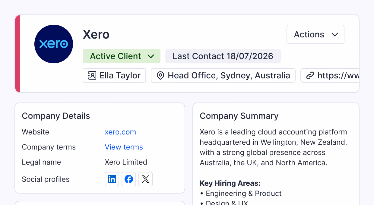 Company profile of Xero showing status as Active Client with last contact date 18/07/2026, contact Ella Taylor at Head Office, Sydney, Australia. Company details include website xero.com, company terms link, legal name Xero Limited, and social media icons for LinkedIn, Facebook, and Twitter. Company summary states Xero is a leading cloud accounting platform headquartered in Wellington, New Zealand, with strong presence in Australia, UK, and North America. Key hiring areas listed include Engineering & Product and Design & UX.