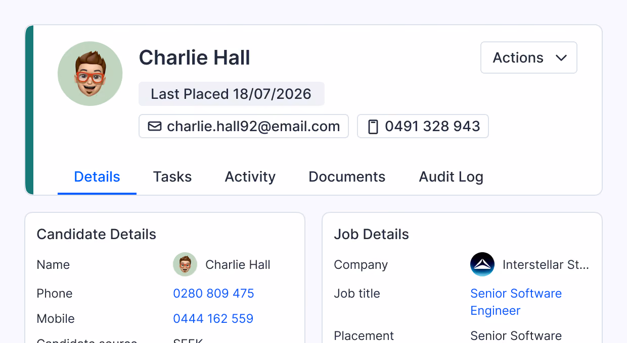User profile interface showing candidate Charlie Hall with contact info including email charlie.hall92@email.com, phone numbers, job title Senior Software Engineer at Interstellar St, and tabs for Details, Tasks, Activity, Documents, and Audit Log.