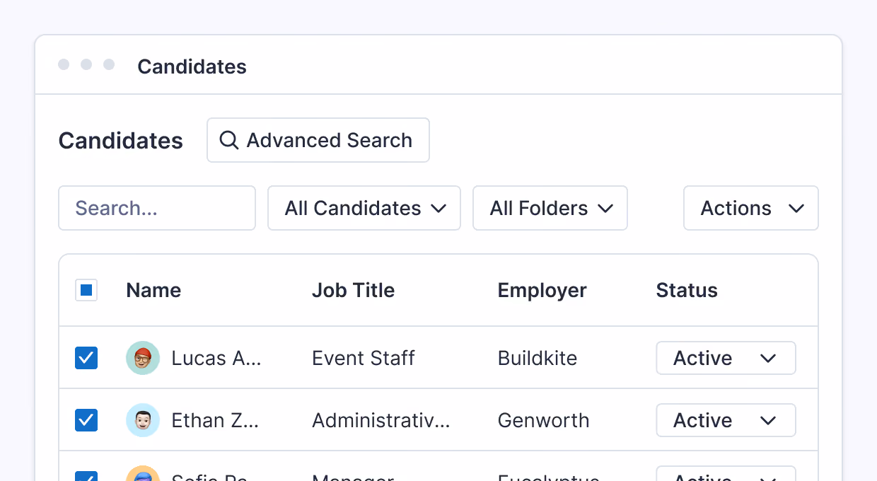 Partial screenshot of a candidate management interface showing a list with columns for Name, Job Title, Employer, and Status, including checkboxes and profile icons.