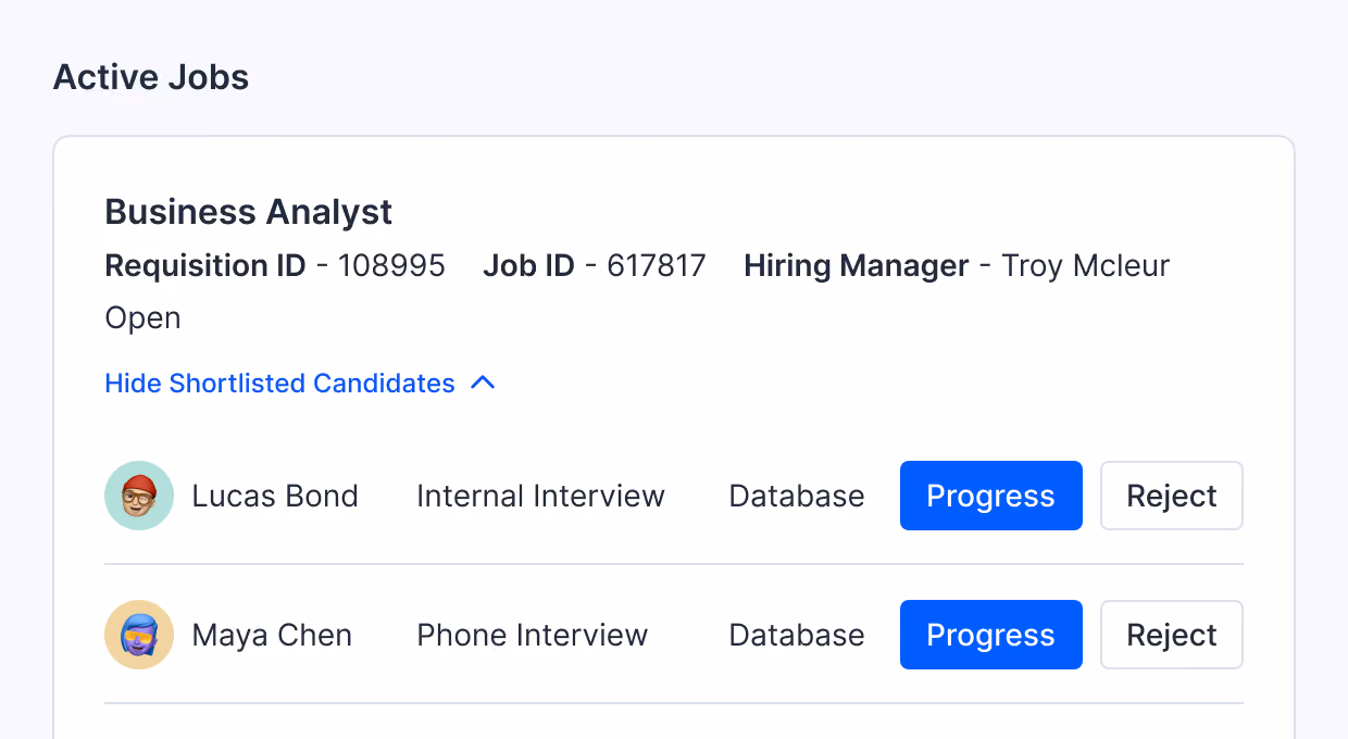 Job listing for Business Analyst with Requisition ID 108995 and Job ID 617817, hiring manager Troy Mcleur, status open. Shows shortlisted candidates Lucas Bond at internal interview and Maya Chen at phone interview, both with database skills. Each candidate has options to mark progress or reject.