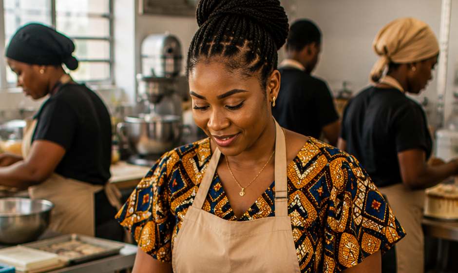 A baker checking her phone in a busy kitchen, with cakes and boxed orders on the counter