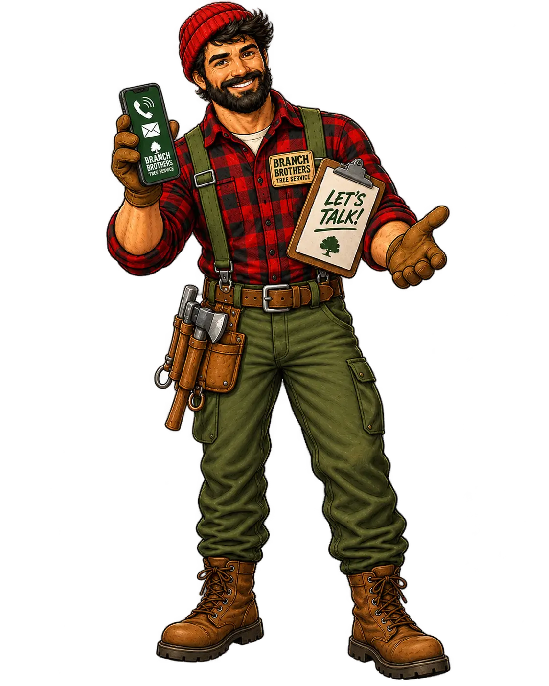Smiling man in plaid shirt and suspenders holding phone and clipboard saying 'LET'S TALK!'