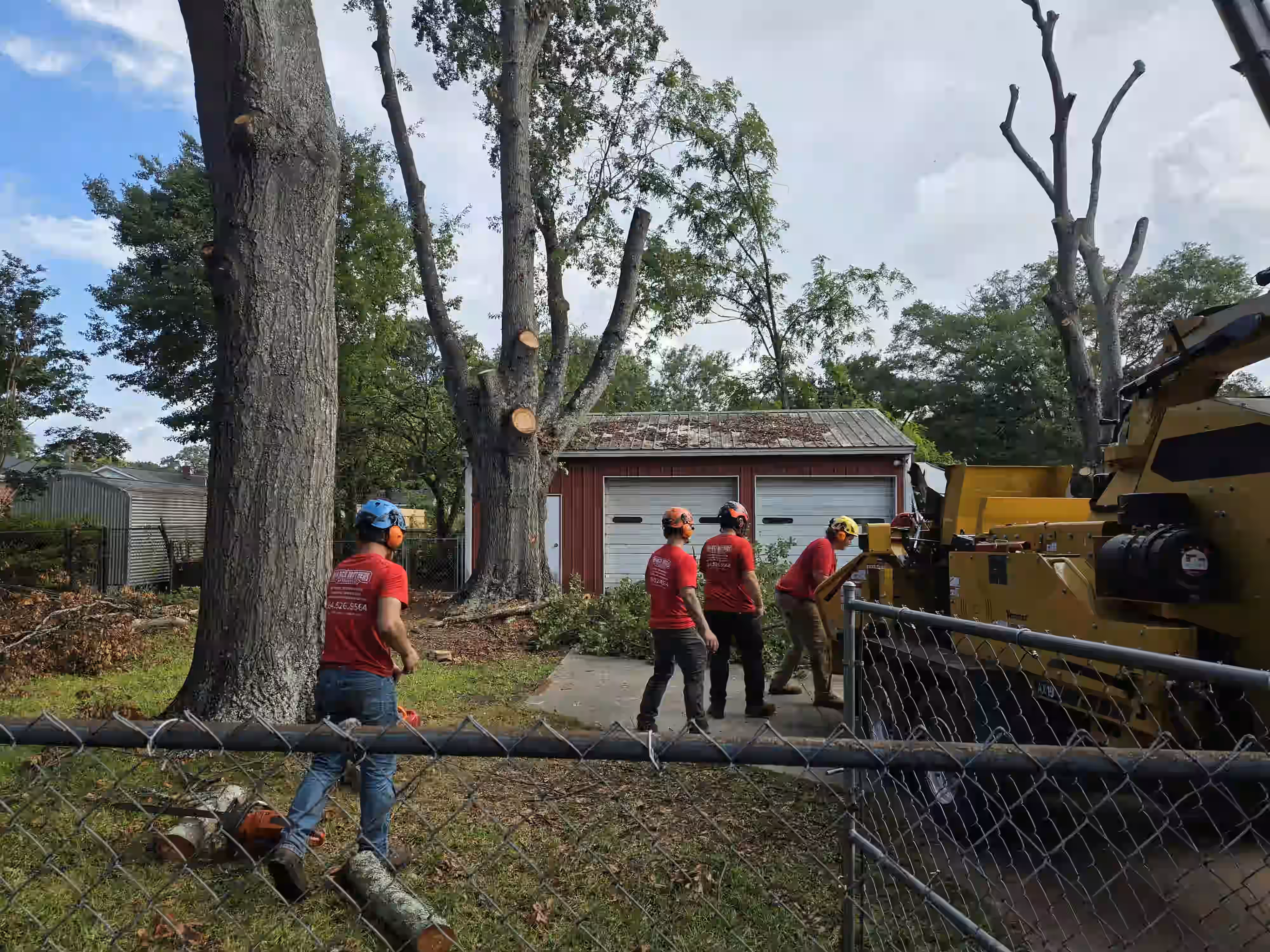 Four workers with safety gear operating wood chipper and cutting trees near a red garage building.