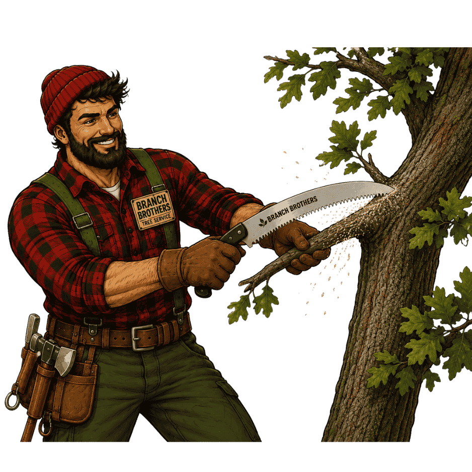 Man in red plaid shirt sawing tree branch with a saw labeled Branch Brothers.