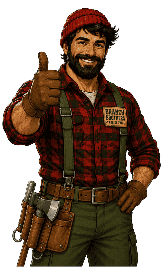Smiling man in a red plaid shirt, red beanie, and gloves giving a thumbs up with axe and tools on his belt.