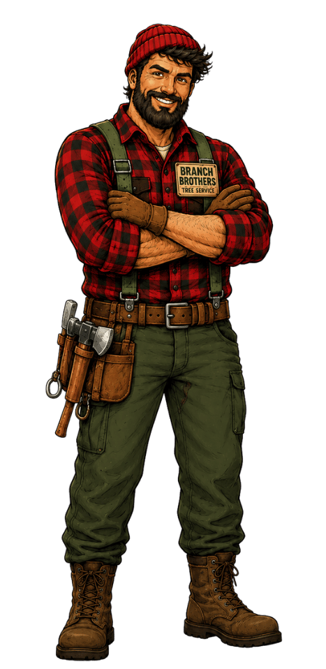 Smiling lumberjack in red plaid shirt, suspenders, gloves, boots, and tool belt with axes and tools.