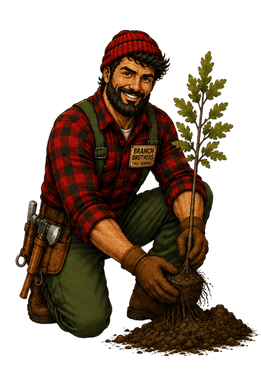 Smiling man in red checkered shirt and gloves planting a small tree in soil.