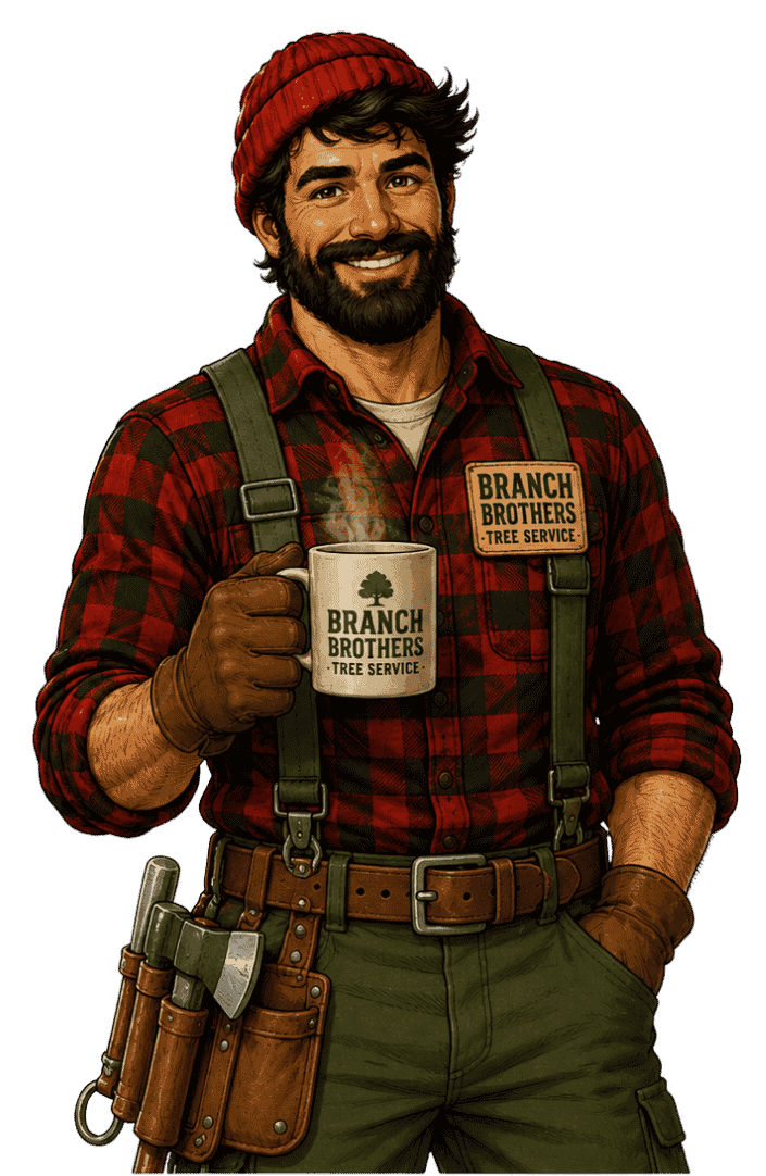 Smiling man in red plaid shirt and red beanie holding a steaming Branch Brothers Tree Service mug.