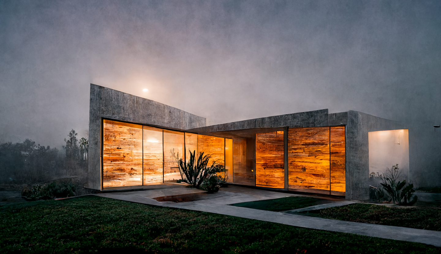 Modern concrete house with large illuminated wooden-paneled windows at dusk under a cloudy sky.