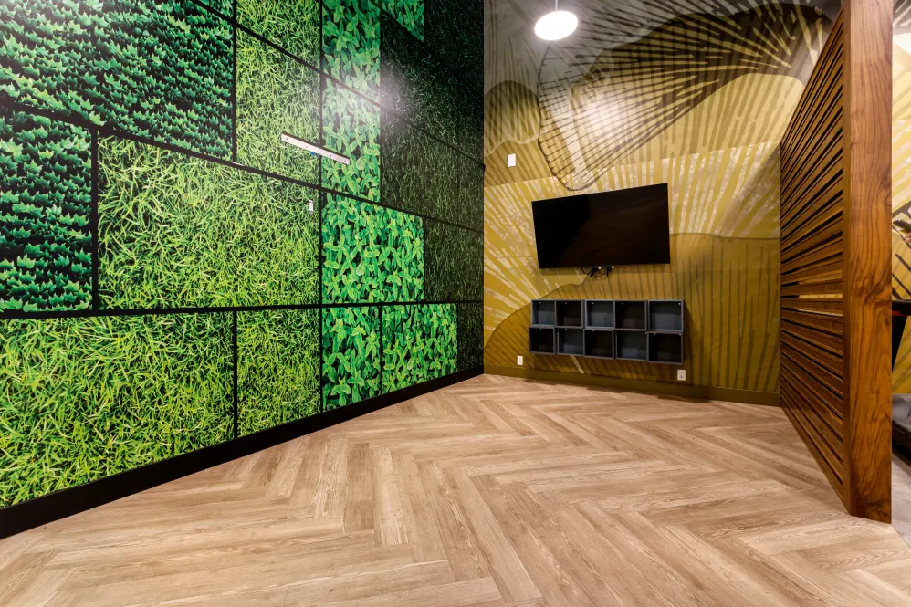 Clubhouse area with green wall