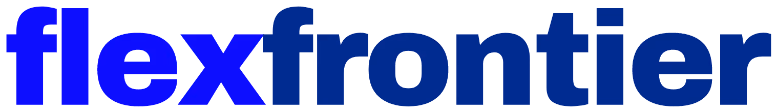 Text logo displaying "flexfrontier" in blue gradient letters on a transparent background.
