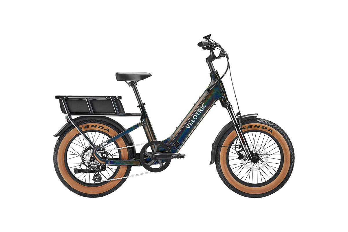 Velotric step-through e-bike with tan tires and rear rack