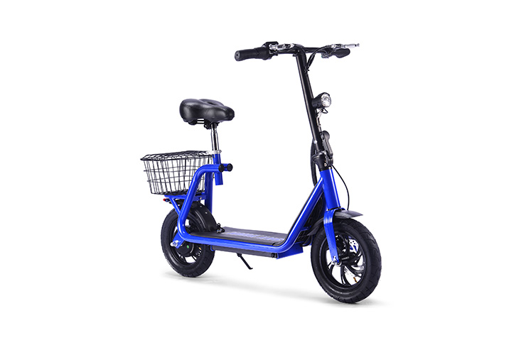 Mototec seated electric scooter in blue with a front basket
