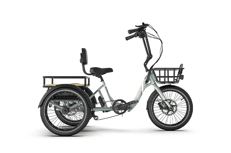 Emojo electric trike in silver with a cargo basket
