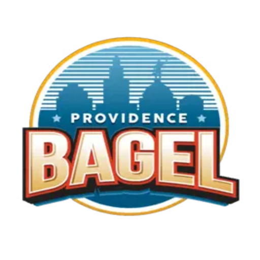 Providence Bagel logo with city skyline silhouette and bold text in circle.
