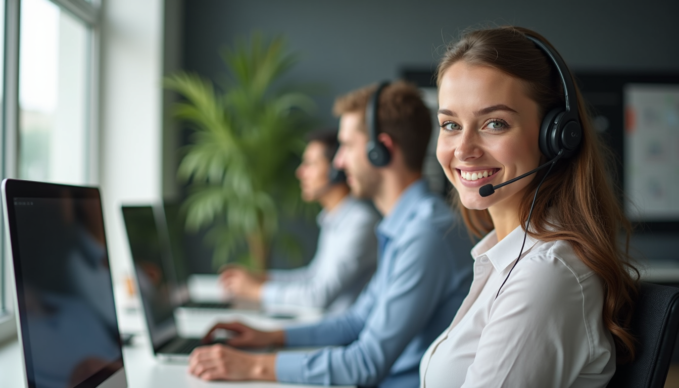 Eye-level view of a modern office workspace with customer support team