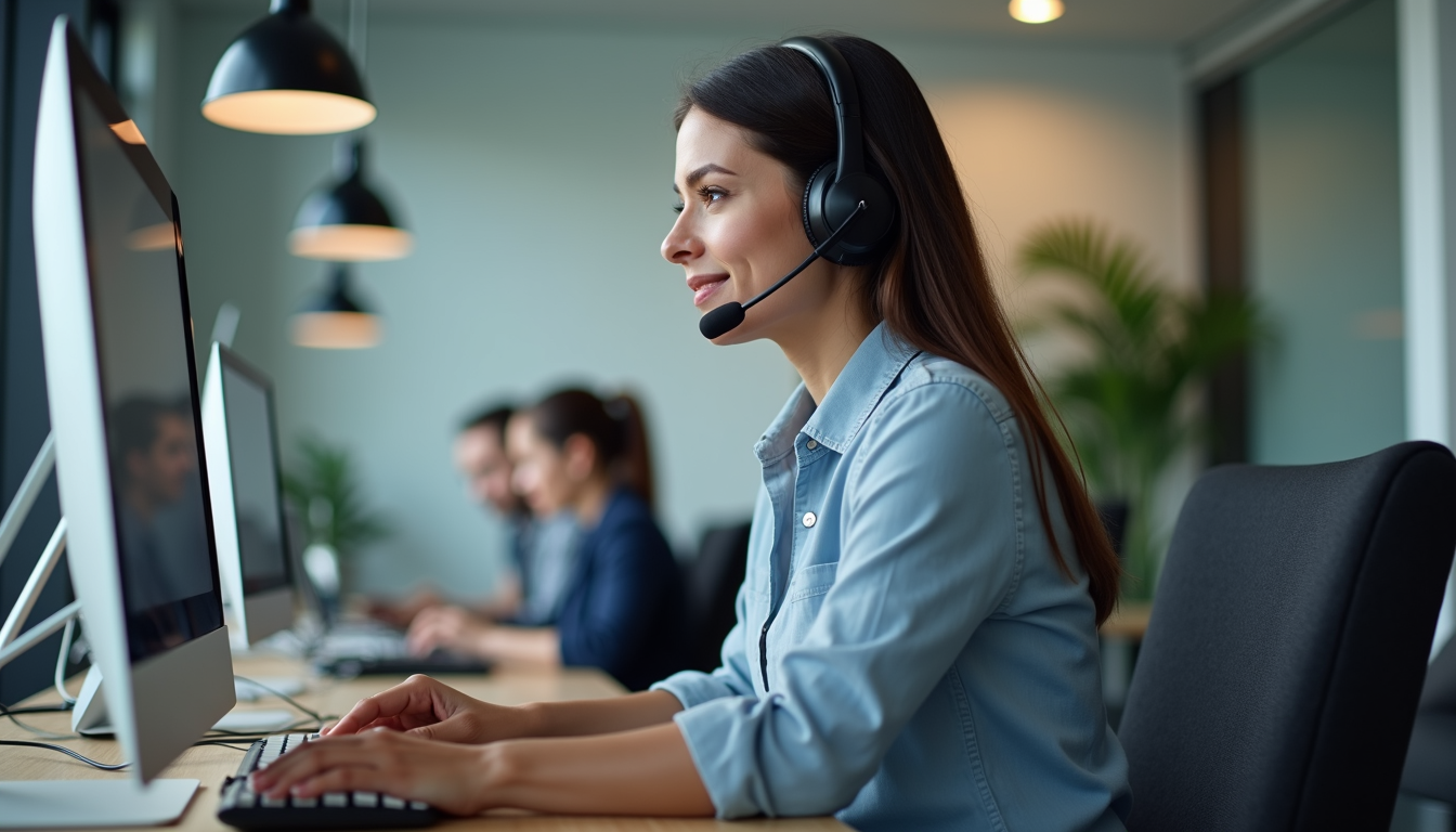 Eye-level view of a customer service representative at a desk with a headset