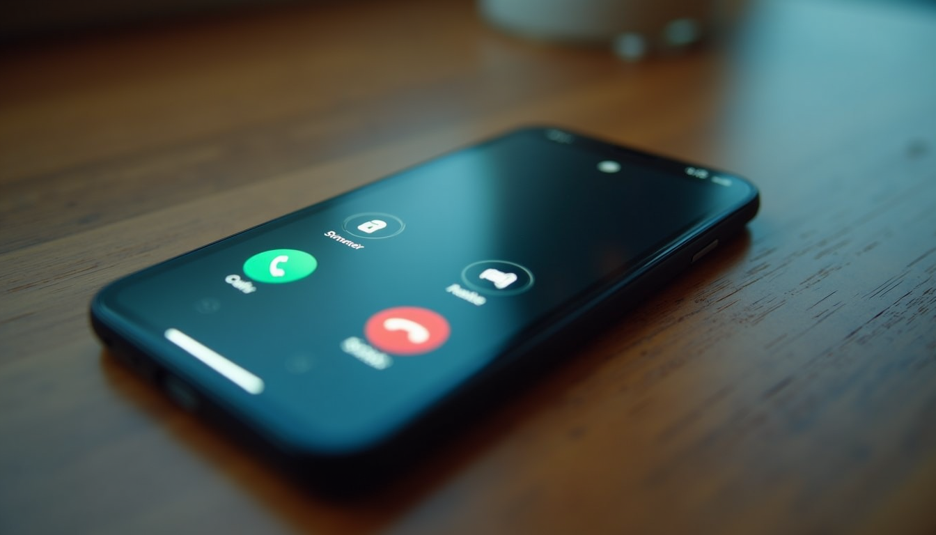 High angle view of a smartphone displaying a phone call screen