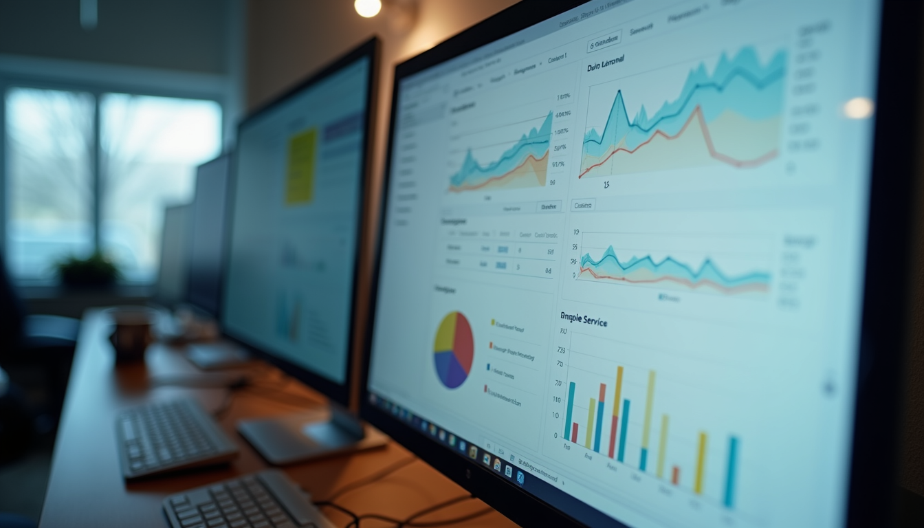 Close-up view of a computer screen displaying customer service analytics dashboard