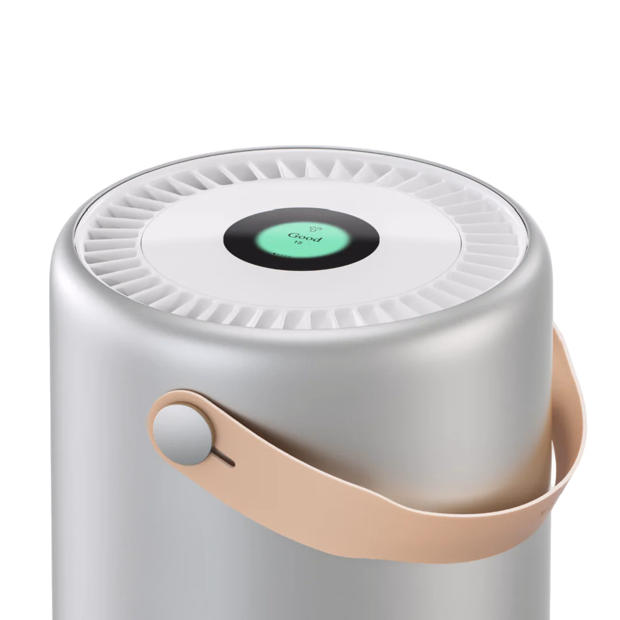 Portable home air purifier displaying a green good indoor air quality reading