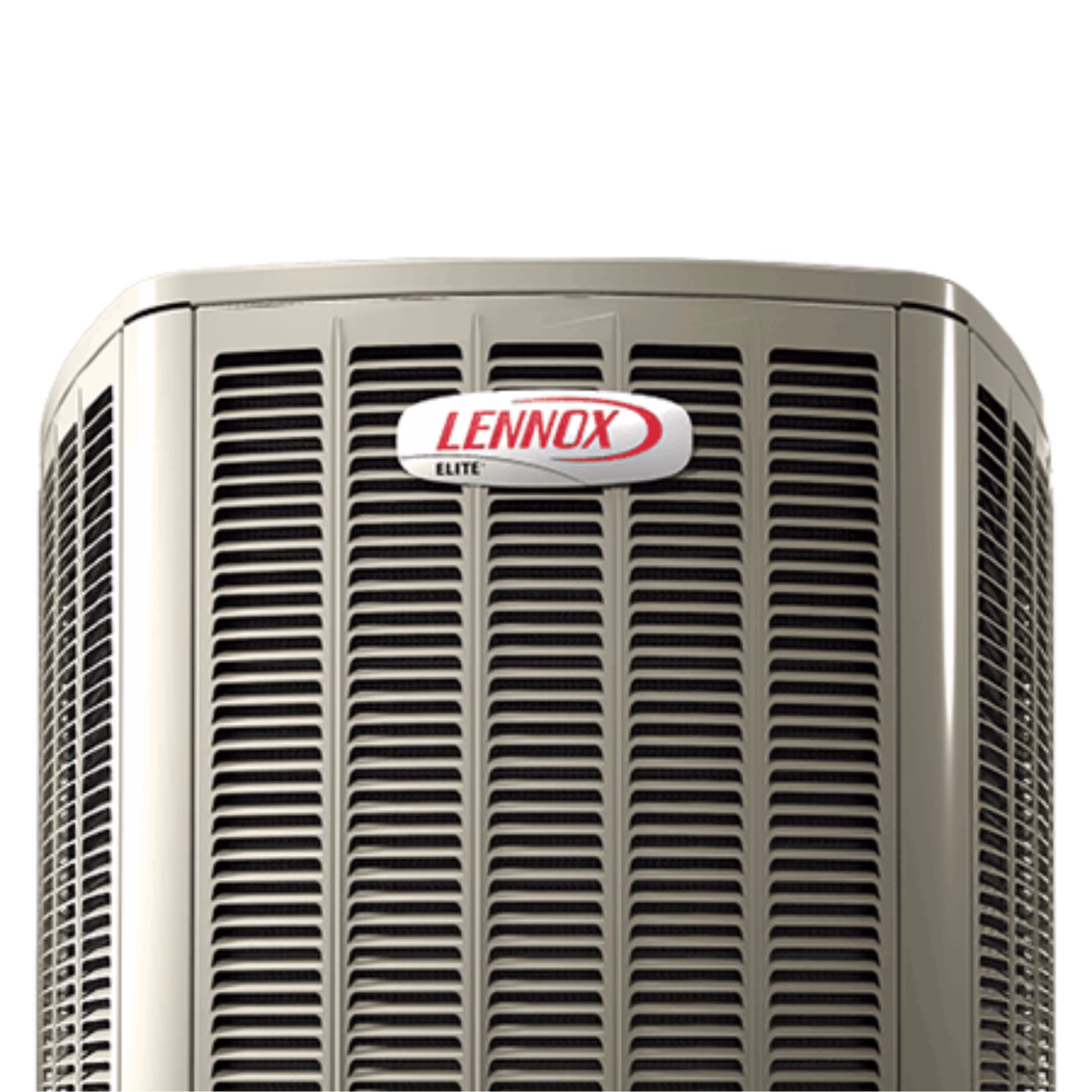 Close up of a Lennox Elite air conditioner condenser cabinet and coil louvers