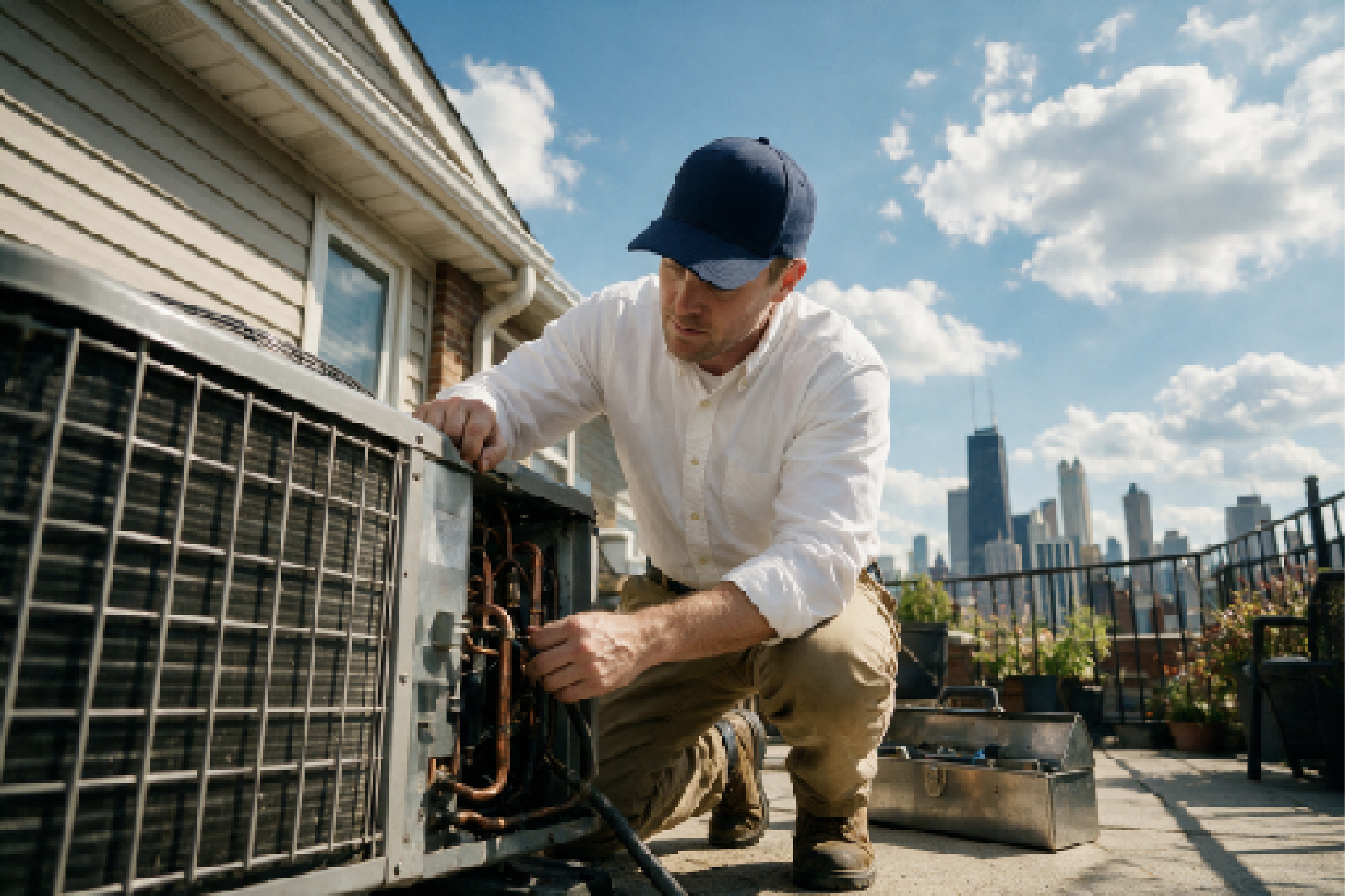 HVAC technician opening the access panel on an outdoor AC condenser with a city skyline behind