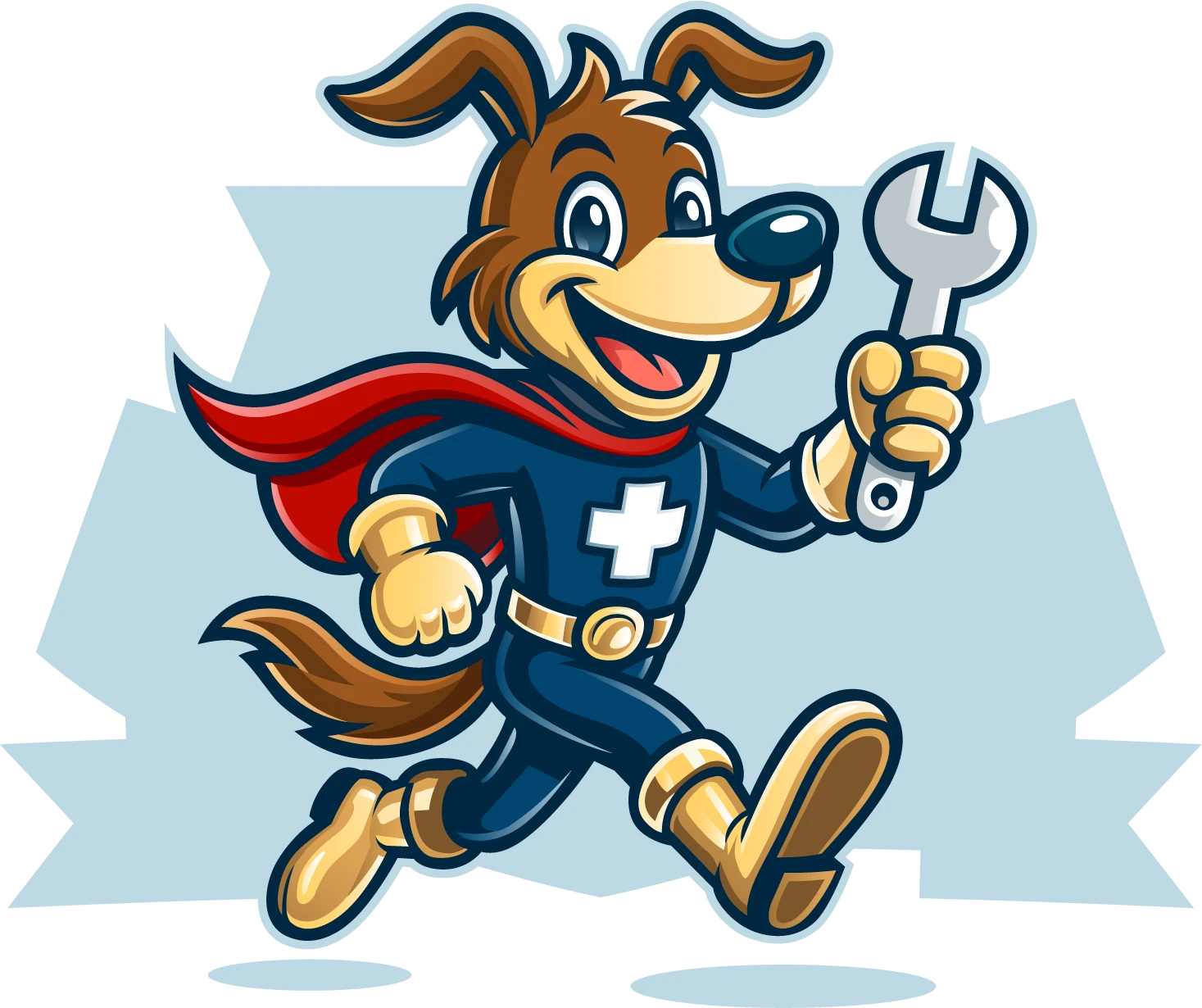 Air Responders cartoon dog mascot in a red cape holding a wrench