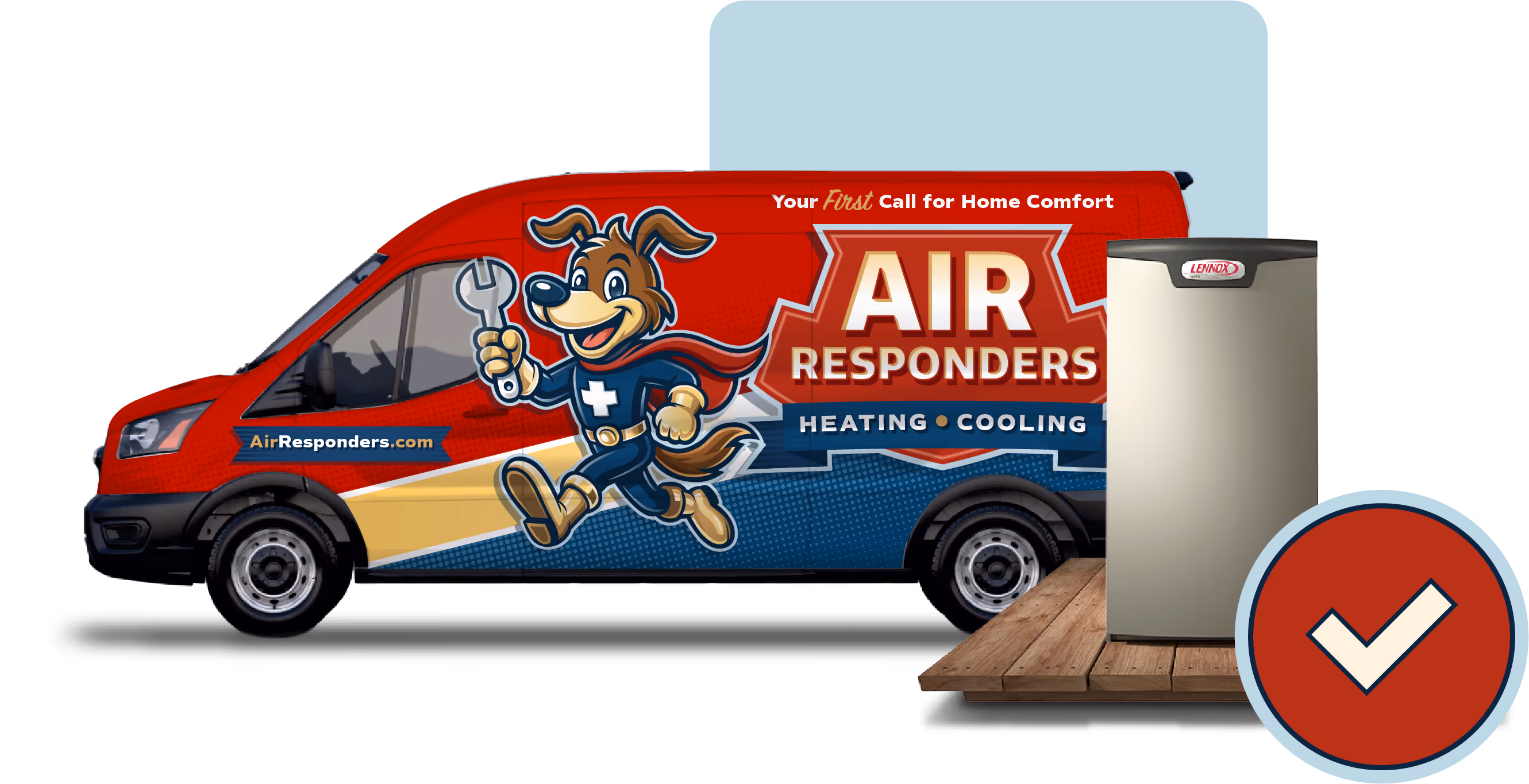 Air Responders van, Lennox heating unit and checkmark badge in the footer call to action