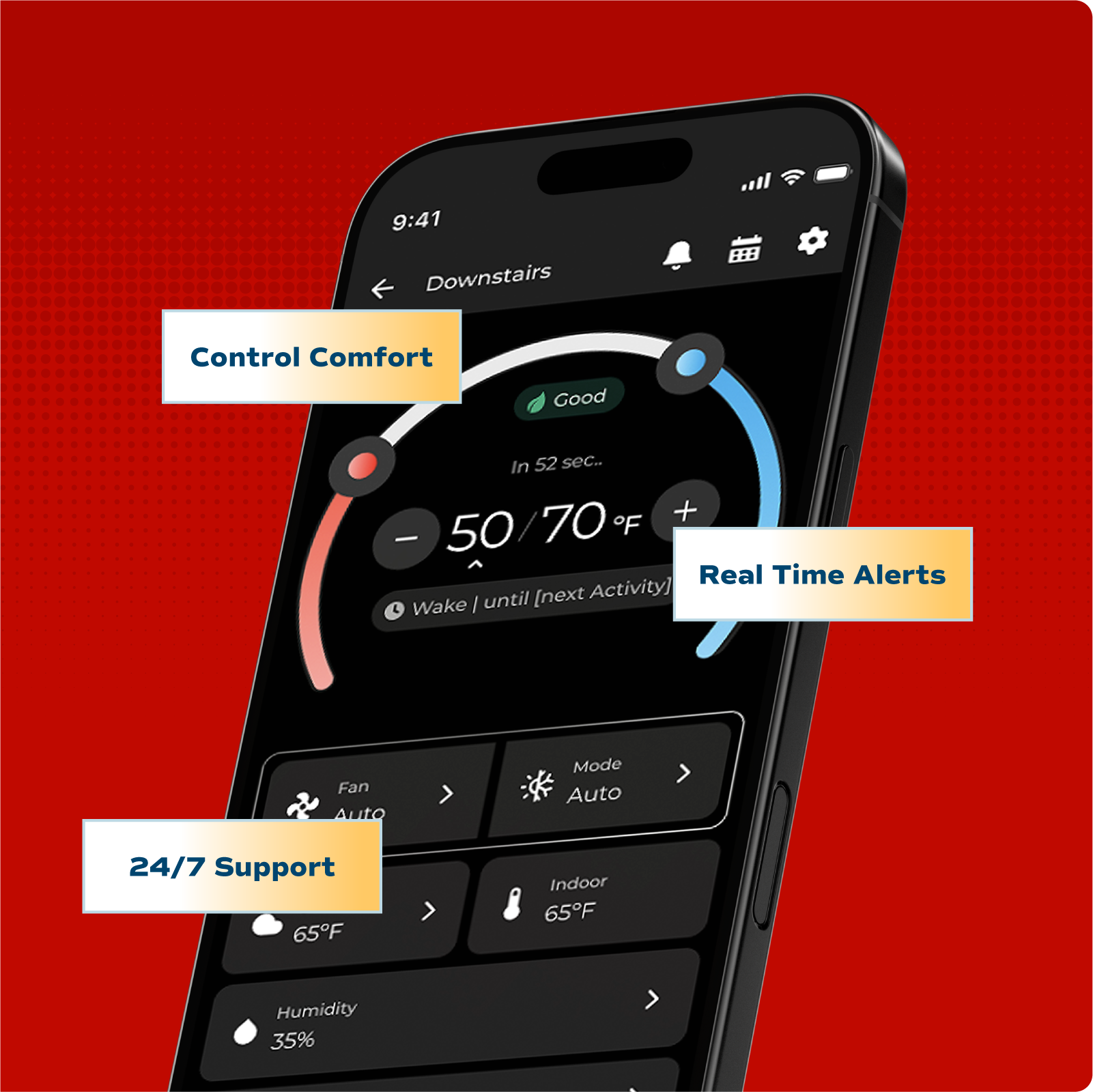 Smart thermostat app on a phone with control comfort, real time alerts and 24 7 support callouts
