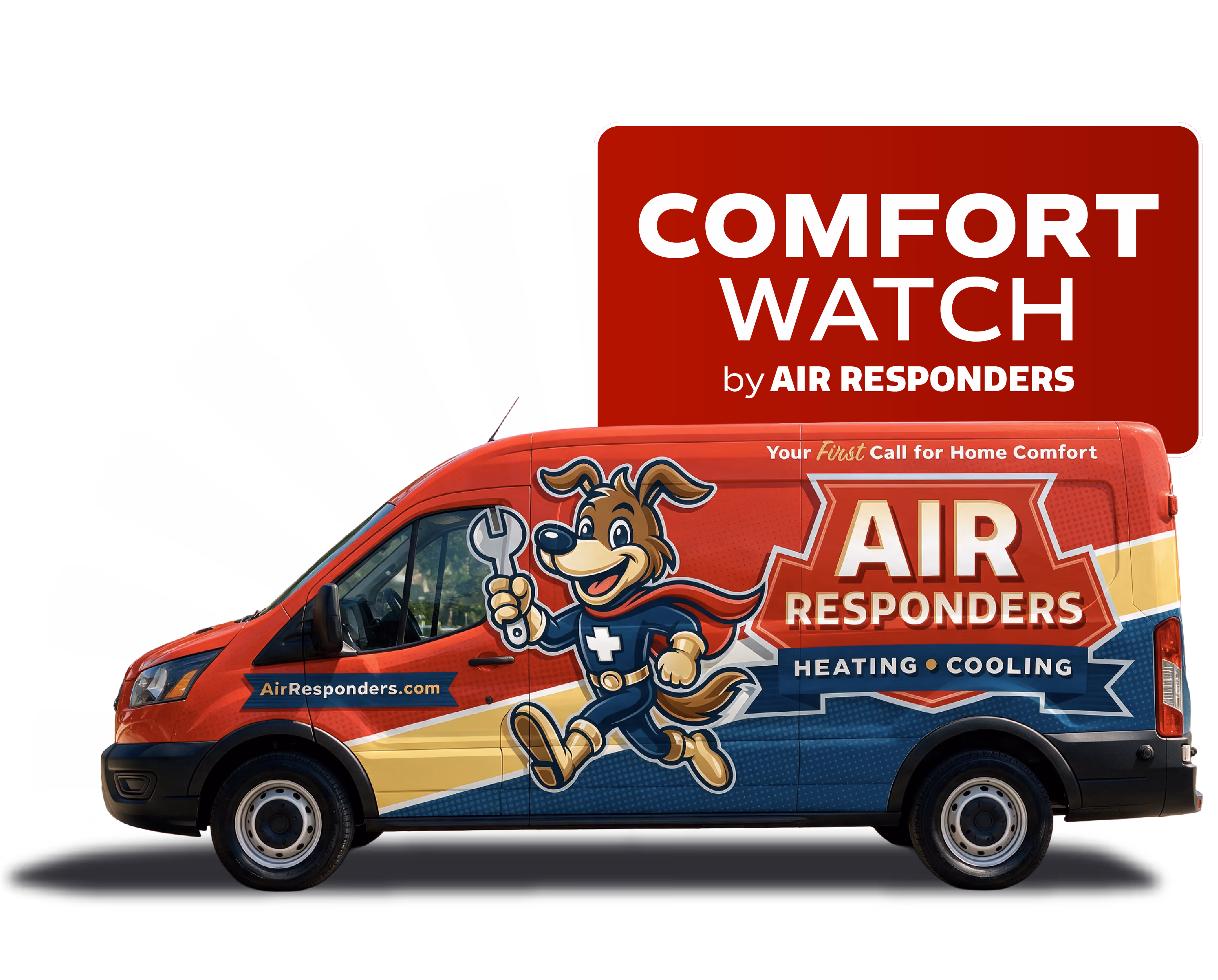 Air Responders wrapped service van with dog mascot beside the Comfort Watch plan badge