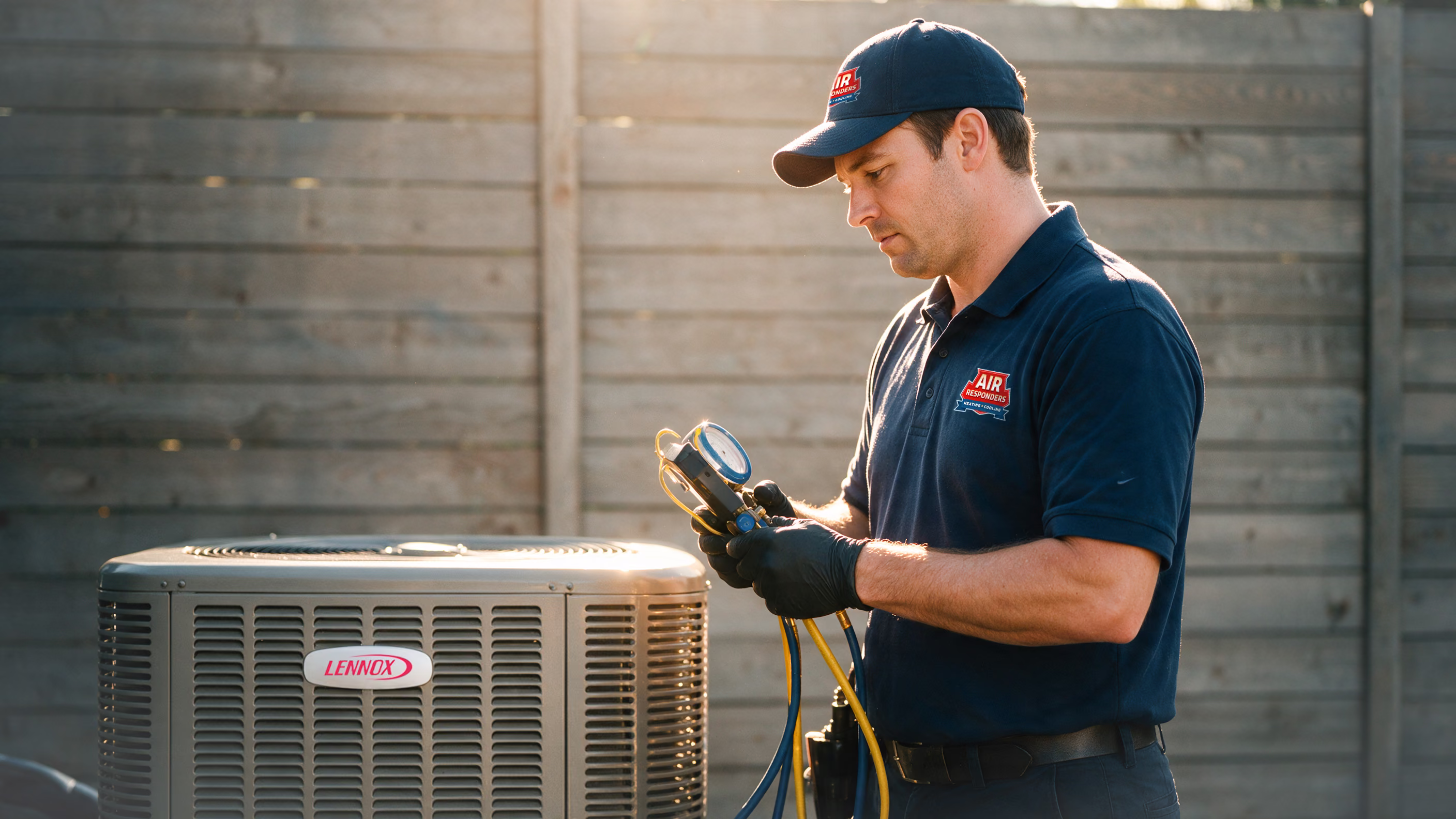 Air Responders technician checking refrigerant gauges at a Lennox AC condenser in Austin