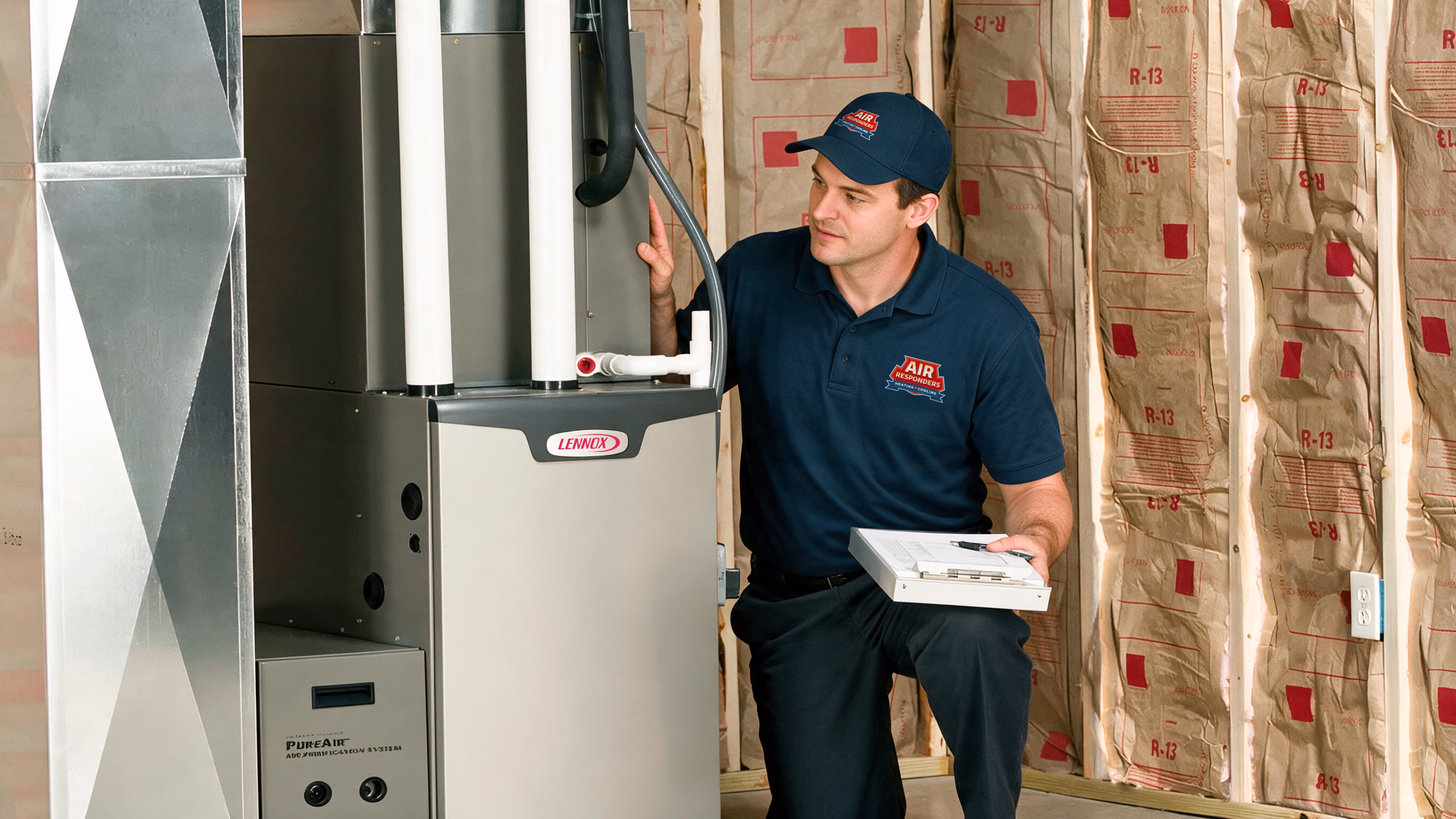 Air Responders technician servicing a Lennox furnace and PureAir system in an Austin home