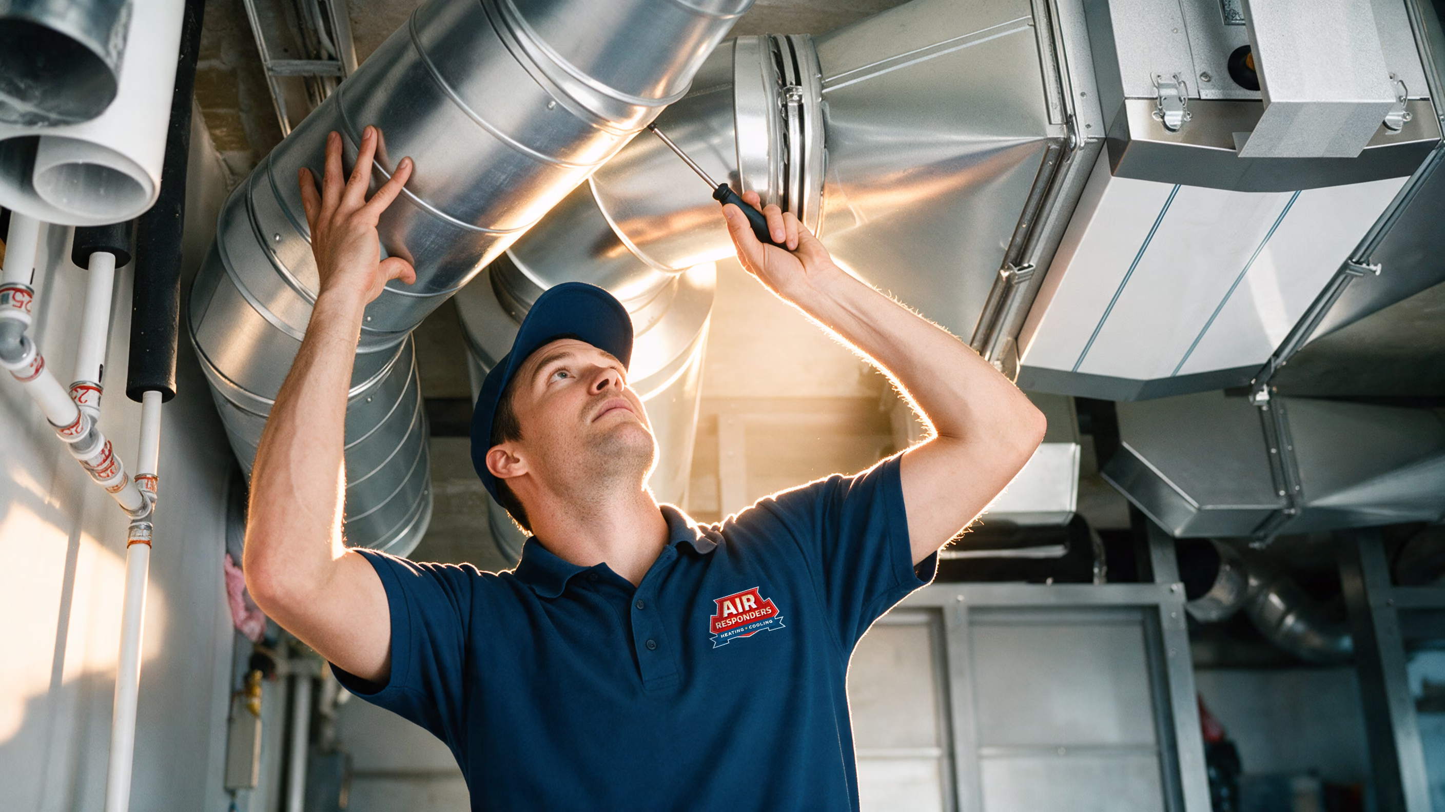 Air Responders technician inspecting sheet metal ductwork in an Austin home mechanical room