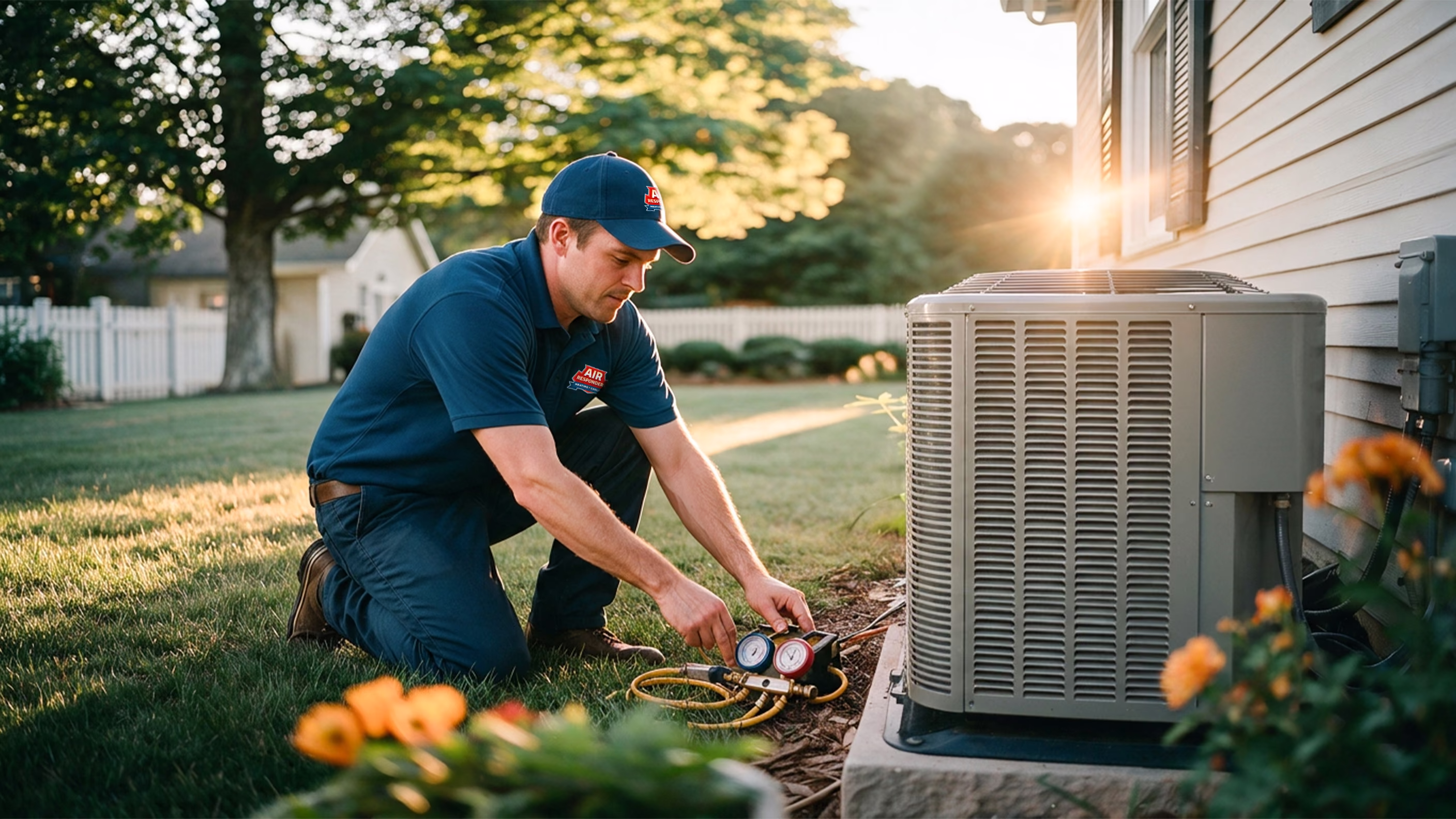 Air Responders technician checking refrigerant gauges on a backyard AC condenser in Austin