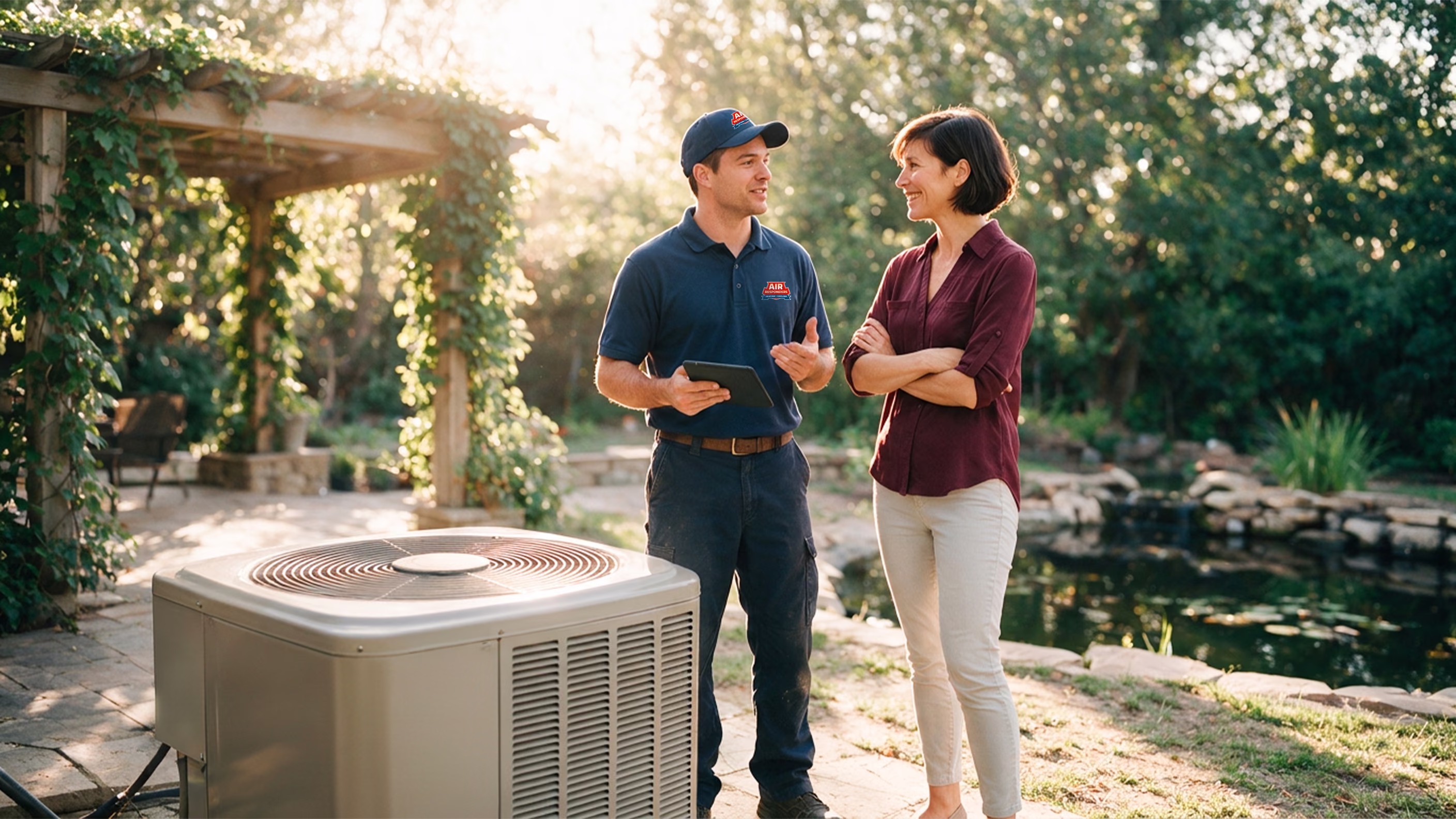 Air Responders technician reviewing AC options with an Austin homeowner beside the outdoor condenser