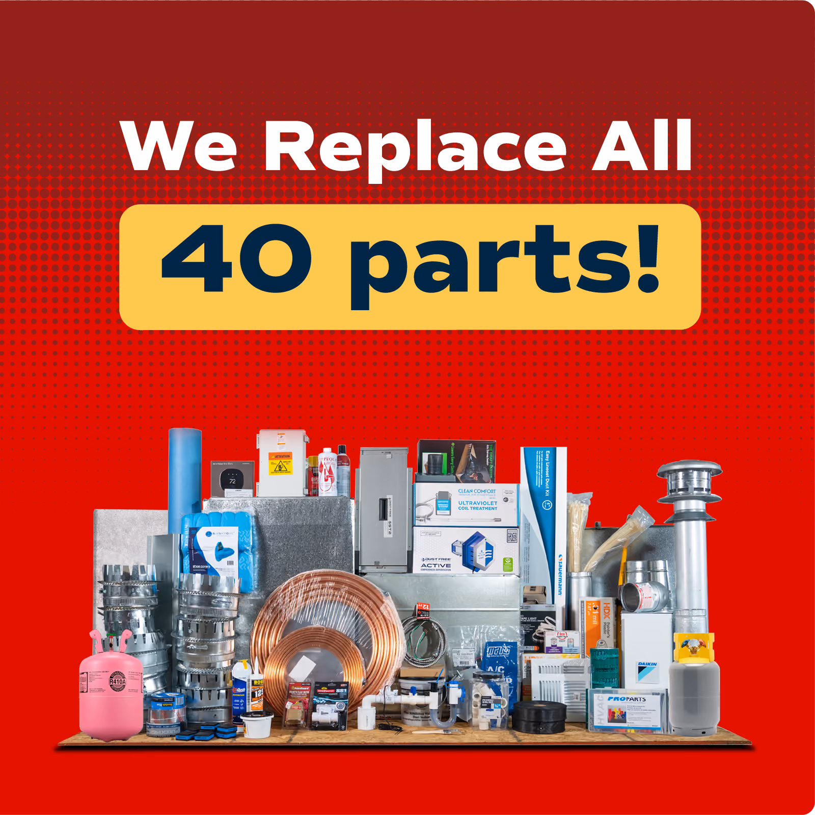 We Replace All 40 parts graphic showing the components included in an Air Responders HVAC install