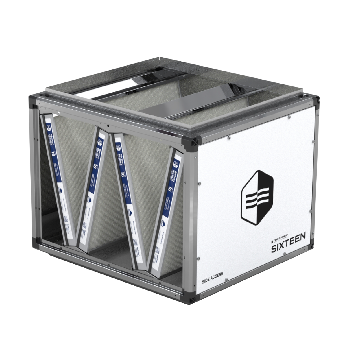 Whole home media air filtration cabinet with pleated filters and side access panel