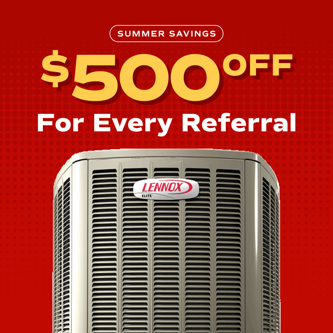 Refer a friend for 500 dollars off a complete HVAC system installation offer card