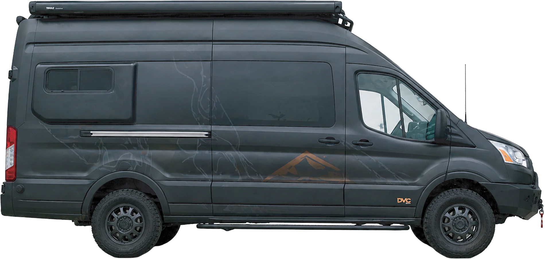 Side profile of a black Drifter campervan with a roof rack