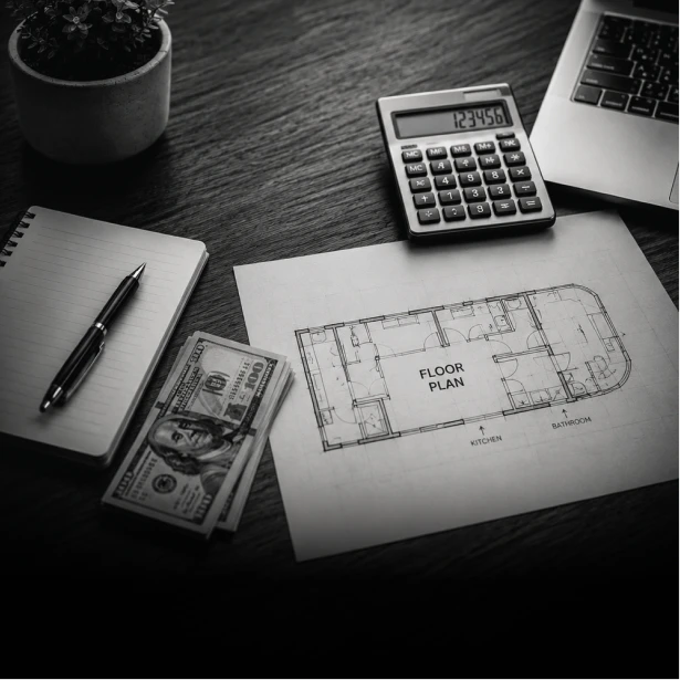 Campervan floor plan beside a calculator and cash on a desk
