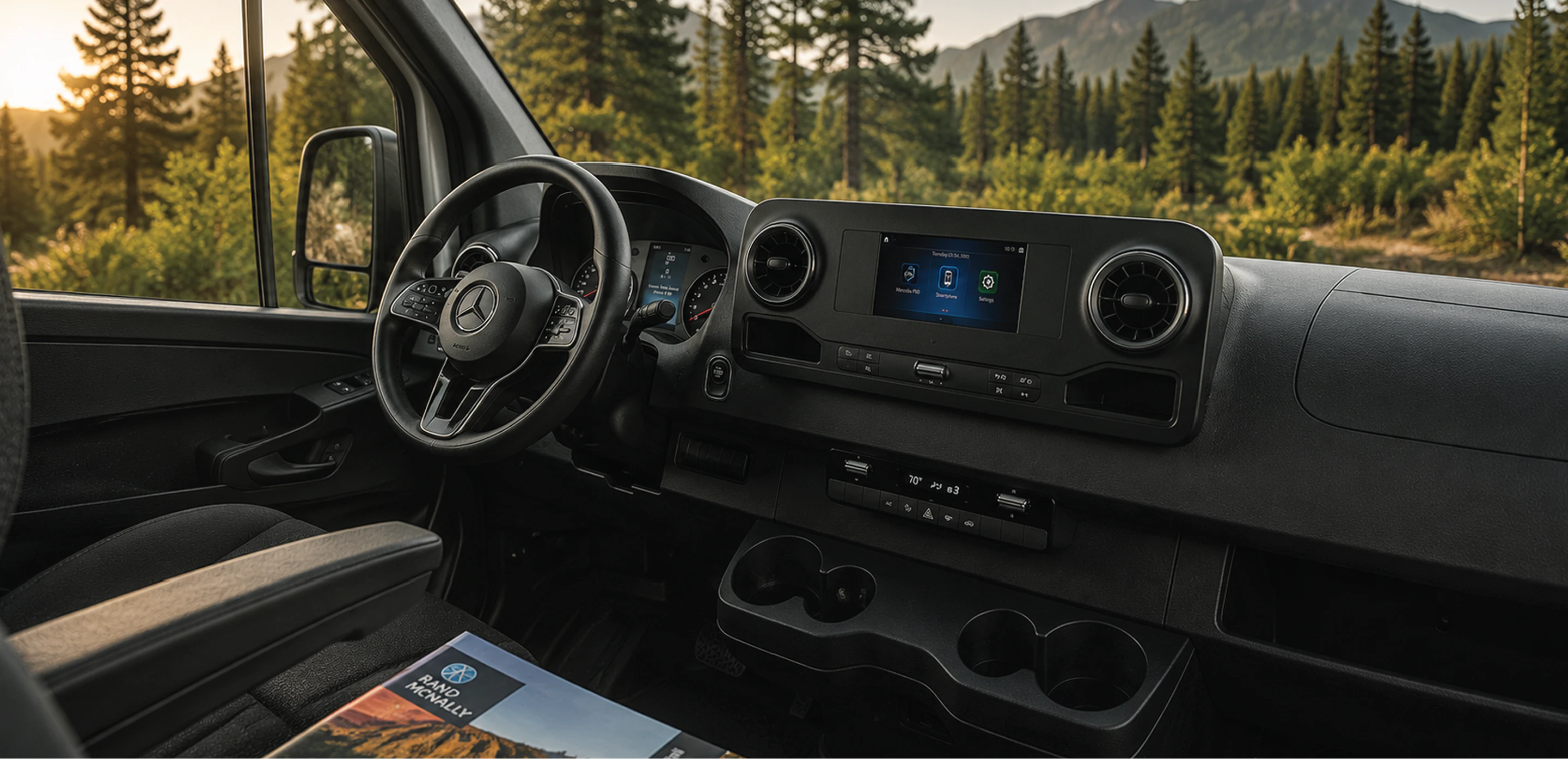 Campervan cab and dashboard at golden hour, forest and mountains through the windshield